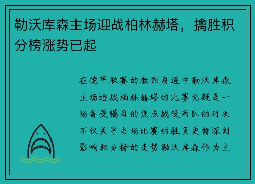 勒沃库森主场迎战柏林赫塔，擒胜积分榜涨势已起